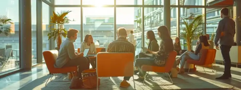 a group of people brainstorming and planning a content marketing strategy in a modern office setting.