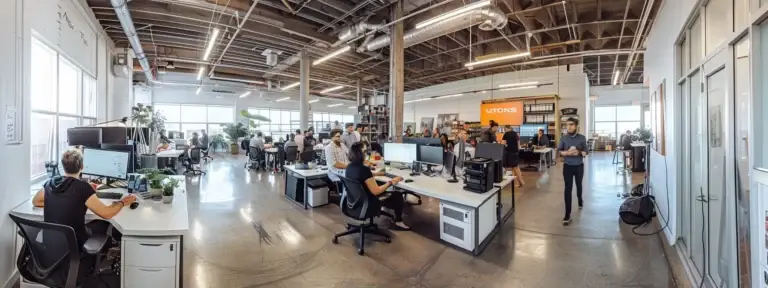 a bustling office space filled with creative professionals brainstorming innovative digital marketing strategies to boost business growth.