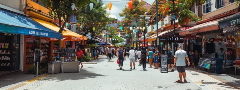 a bustling marketplace with vibrant storefronts and colorful banners showcasing the diversity of local businesses.