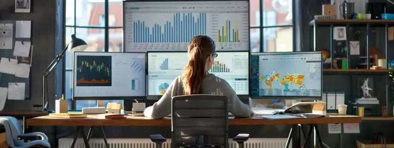 a woman in a modern office setting, surrounded by computer screens displaying graphs and charts related to seo performance for her shopify online store.