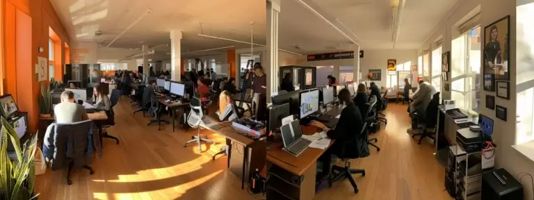 a vibrant local seo marketing office bustling with creative energy.