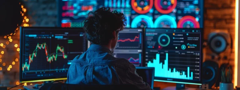 a web developer analyzing website traffic data on a computer screen with colorful graphs and charts displayed.