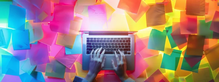 a person typing on a laptop surrounded by colorful sticky notes with keywords and backlink ideas, showcasing a strategic approach to link acquisition for shopify seo.