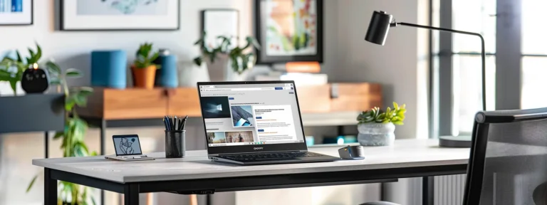 a bright, modern office desk with a laptop open to a webpage titled "optimizing influencer content for seo."