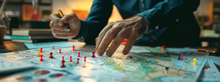 a businessman analyzing a detailed local map covered in red and green pins, charts, and graphs, highlighting key areas for improved seo strategies.