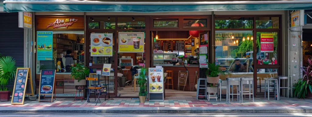 a bustling cafe with a vibrant sign outside, showcasing its google my business profile through meticulous details and high-quality photos.