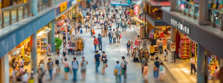 a bustling marketplace with colorful storefronts displaying unique products, attracting a crowd of eager shoppers.