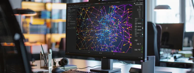 a computer screen displaying a colorful network of interconnecting lines and data points representing backlinks analysis tools.