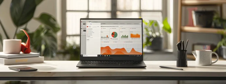 a laptop displaying a sleek, high-converting ppc ad campaign on a desk surrounded by marketing analytics graphs and charts.