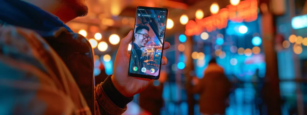 a smiling customer holding their smartphone, leaving a glowing review for a local business, with positive reviews displayed prominently on the mobile screen.