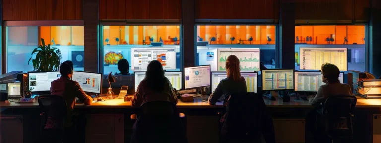 a vibrant digital marketing team analyzing keyword data on multiple computer screens in a sleek, modern office setting.