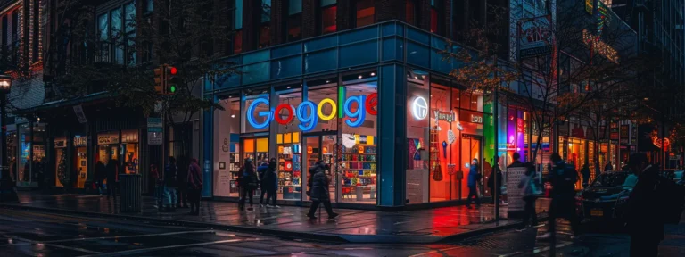 a vibrant storefront on a bustling street, with a google my business sign prominently displayed.