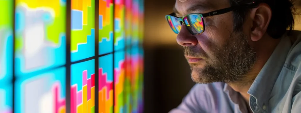 a business analyst examining a colorful graph displaying customer sentiment and engagement levels on social media platforms.