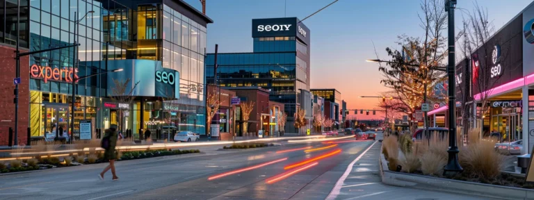 a bustling city street lined with vibrant storefronts and a prominent sign reading "seo experts" above a modern office.