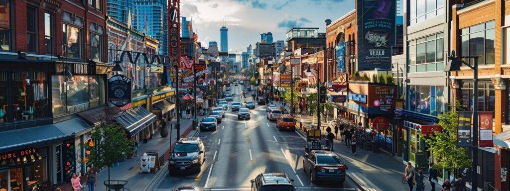 a bustling city street with vibrant storefronts and glowing neon signs showcasing the bustling local businesses.