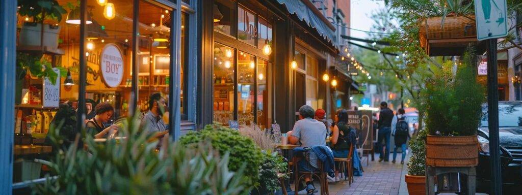 a bustling local cafe with a vibrant storefront, featuring a google my business window decal, fresh planters, and a welcoming atmosphere.