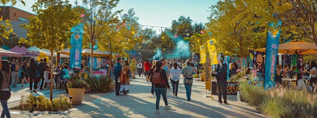 a bustling local event with vibrant banners and enthusiastic attendees engaged in community activities.