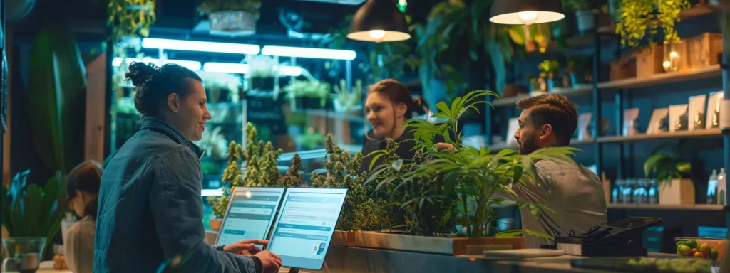 a group of professionals discussing seo strategies in a modern cannabis dispensary setting.