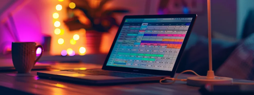 a laptop screen displaying a social media scheduling tool with a calendar showing optimal posting times highlighted in vibrant colors.