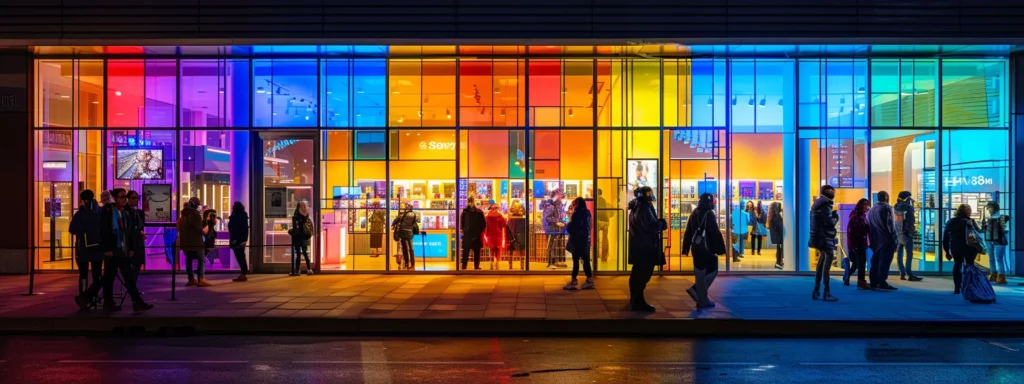 a modern, sleek dispensary storefront bathed in vibrant colors and spotlights, drawing in a crowd of eager customers.