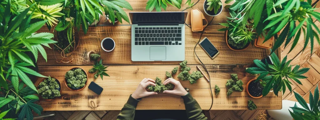 a person at a desk surrounded by vibrant cannabis-themed blog posts, captivating images, and engaging videos, creating a strong content marketing plan.