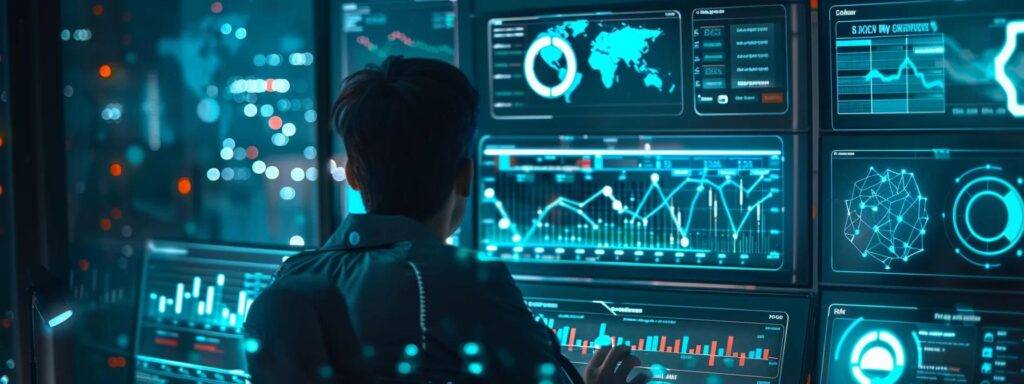 a person closely examining a computer screen displaying detailed analytics of local seo strategies, surrounded by charts and graphs showing keyword rankings and user engagement data.