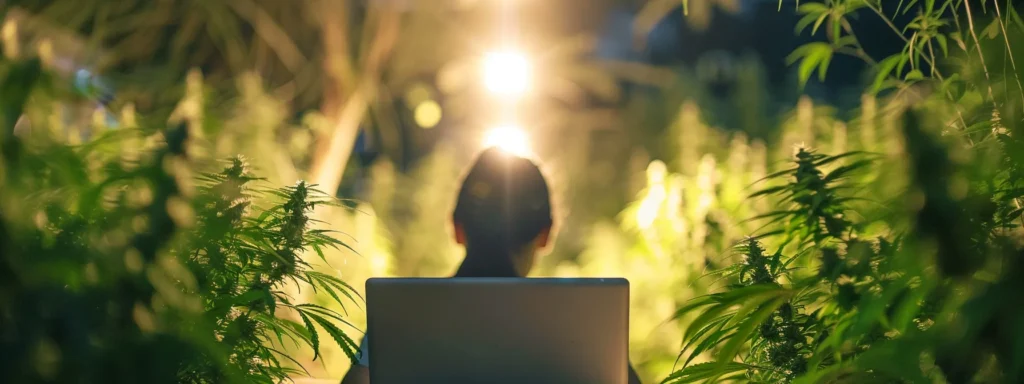 a person conducting market research while surrounded by vibrant cannabis plants in a modern office setting.