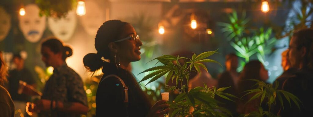 a person networking at a cannabis industry event, surrounded by influential figures and websites logos in the background.