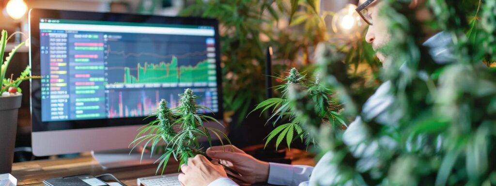 a person sitting at a desk, analyzing charts and graphs on a computer screen, surrounded by cannabis-related keywords and seo tools.