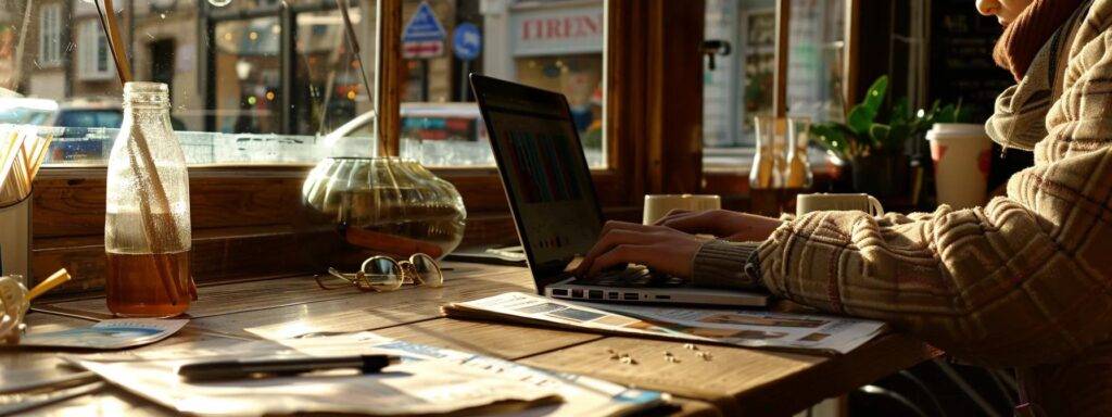 a person writing a blog post on a laptop in a cozy coffee shop, surrounded by local newspapers, community event flyers, and a map of the area.