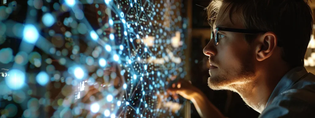 a skilled seo expert meticulously analyzing a web of interconnected links on a computer screen.