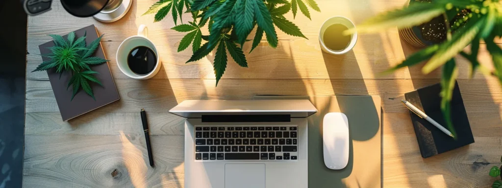 a sleek, modern office desk adorned with a laptop, notepad, and cannabis plant, symbolizing the search for the perfect cannabis seo agency.