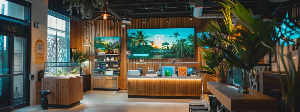 a vibrant cannabis dispensary bustling with creative branding and engaging customer experiences.