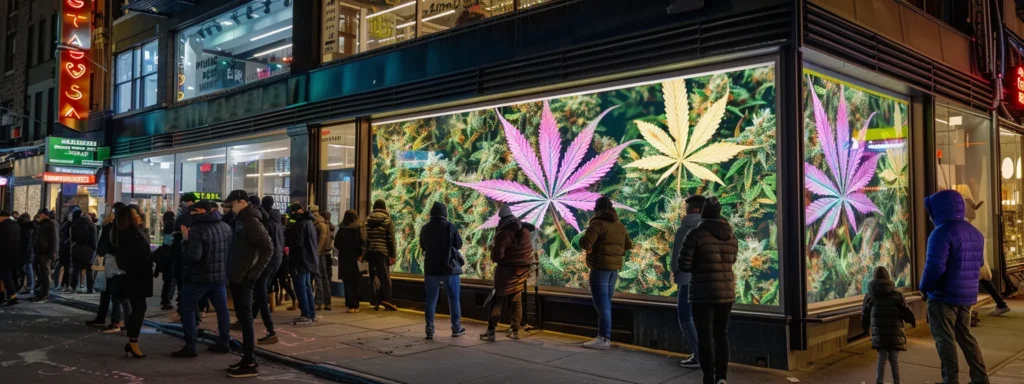 a vibrant cannabis dispensary storefront with a prominent digital billboard displaying seo-driven marketing strategies, drawing in a crowd of eager customers.