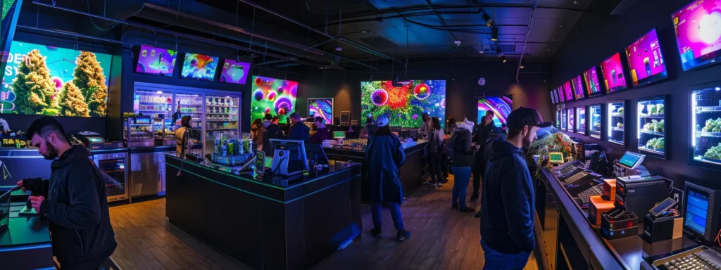 a vibrant dispensary bustling with customers, their faces illuminated by glowing screens showing top search rankings and increased online traffic data.