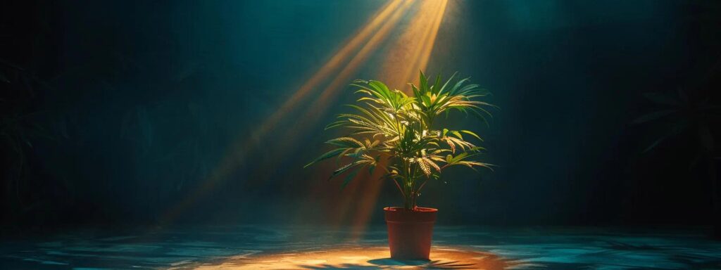 a vibrant, lush cannabis plant standing prominently under a spotlight in a dimly lit room.