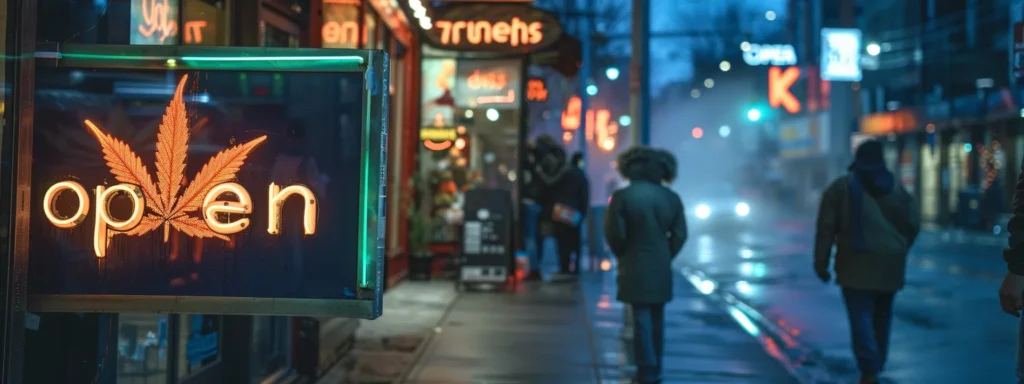 a vibrant storefront of a dispensary with a prominent