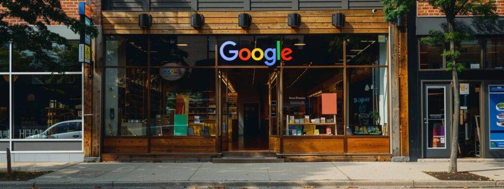 a vibrant storefront with a prominent google my business sign, inviting reviews and showcasing services through quality photos.