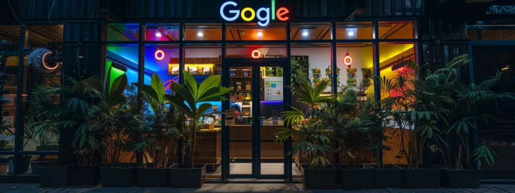 a vibrant storefront with a prominently displayed updated google business profile sign, surrounded by local keyword signs and competitor analysis charts, showcasing a well-optimized dispensary website for local searches.