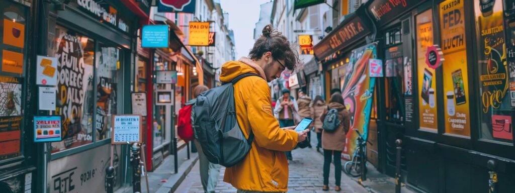 a vibrant street in france bustling with local influencers, adorned with colorful posters promoting events, as a person analyzes engagement statistics on their phone.