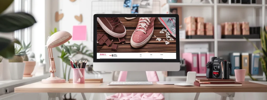 an organized desk with a computer displaying a high-speed shopify website, surrounded by chocolate bars and trendy sneakers, representing optimized online store performance.