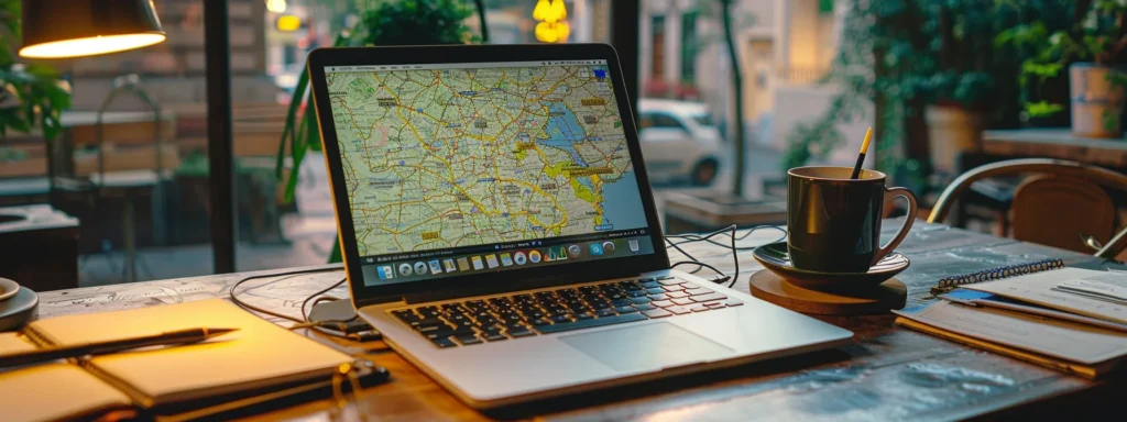 a bright laptop screen displaying a detailed map of various authoritative websites within a specific niche market, surrounded by a stack of seo research notes and a cup of coffee.