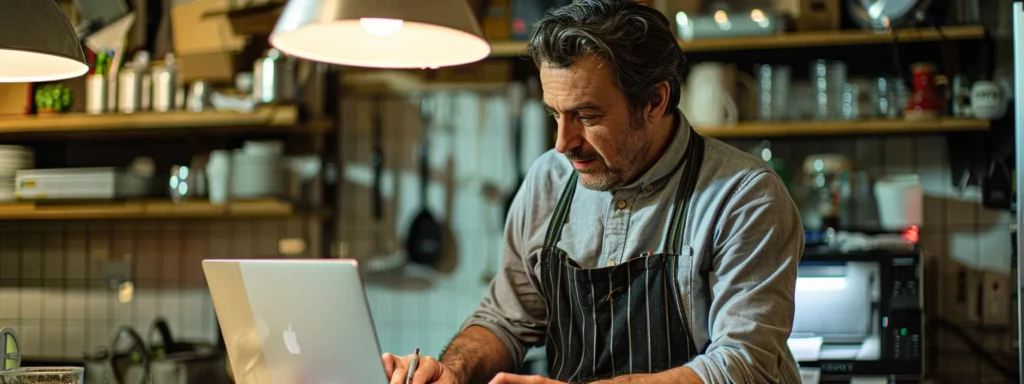 a business owner studying a detailed seo report on a laptop, surrounded by charts and graphs showcasing user experience data and organic search results.