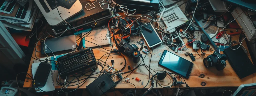 a cluttered desk with a tangled web of charging cables, old gadgets, and unused accessories symbolizing the need to reduce app usage and minimize bloat for a high-performing shopify store.