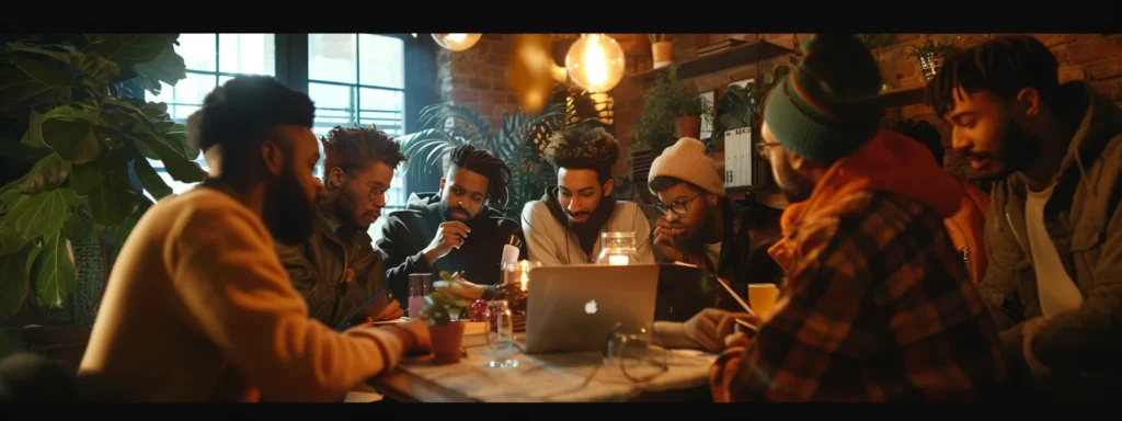 a group of diverse influencers gathered around a laptop, sharing and discussing exclusive content for a shopify store collaboration.