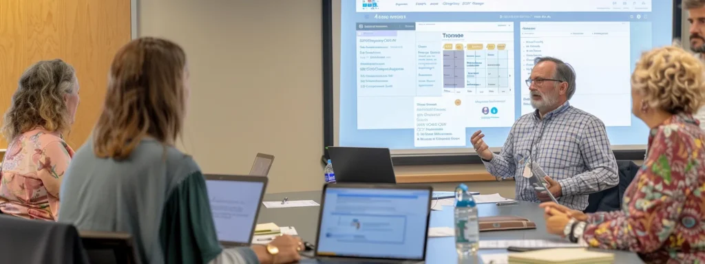 a group of marketing professionals gathered around a large conference table, reviewing case studies and discussing potential web design partners for their agency.