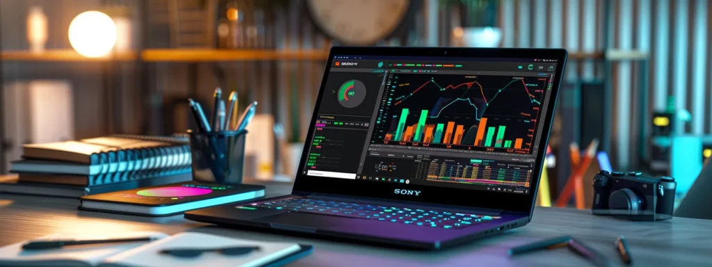 a laptop screen displaying a vibrant and detailed keyword research tool interface, surrounded by notebooks and pens on a desk.