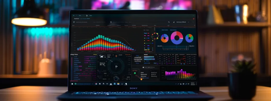 a laptop screen displaying colorful graphs and charts with keywords and website metrics for seo reporting.