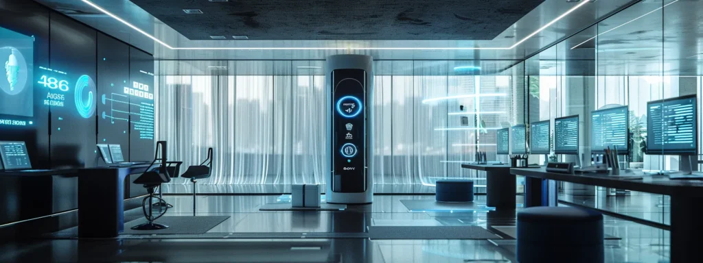 a modern, futuristic office with a large voice-activated search device dominating the room, surrounded by personalized content displayed on digital screens.