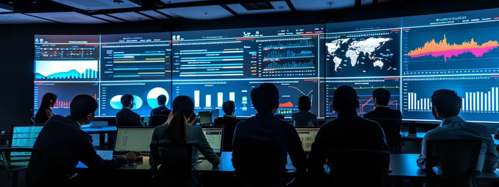 a modern office boardroom with a large digital screen displaying real-time social media analytics insights during a strategic business planning meeting.